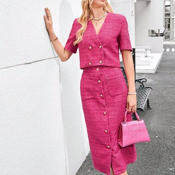 Hot Pink Casual Womens Solid Button Front Jacket & Skirt - Picture 3 of 5